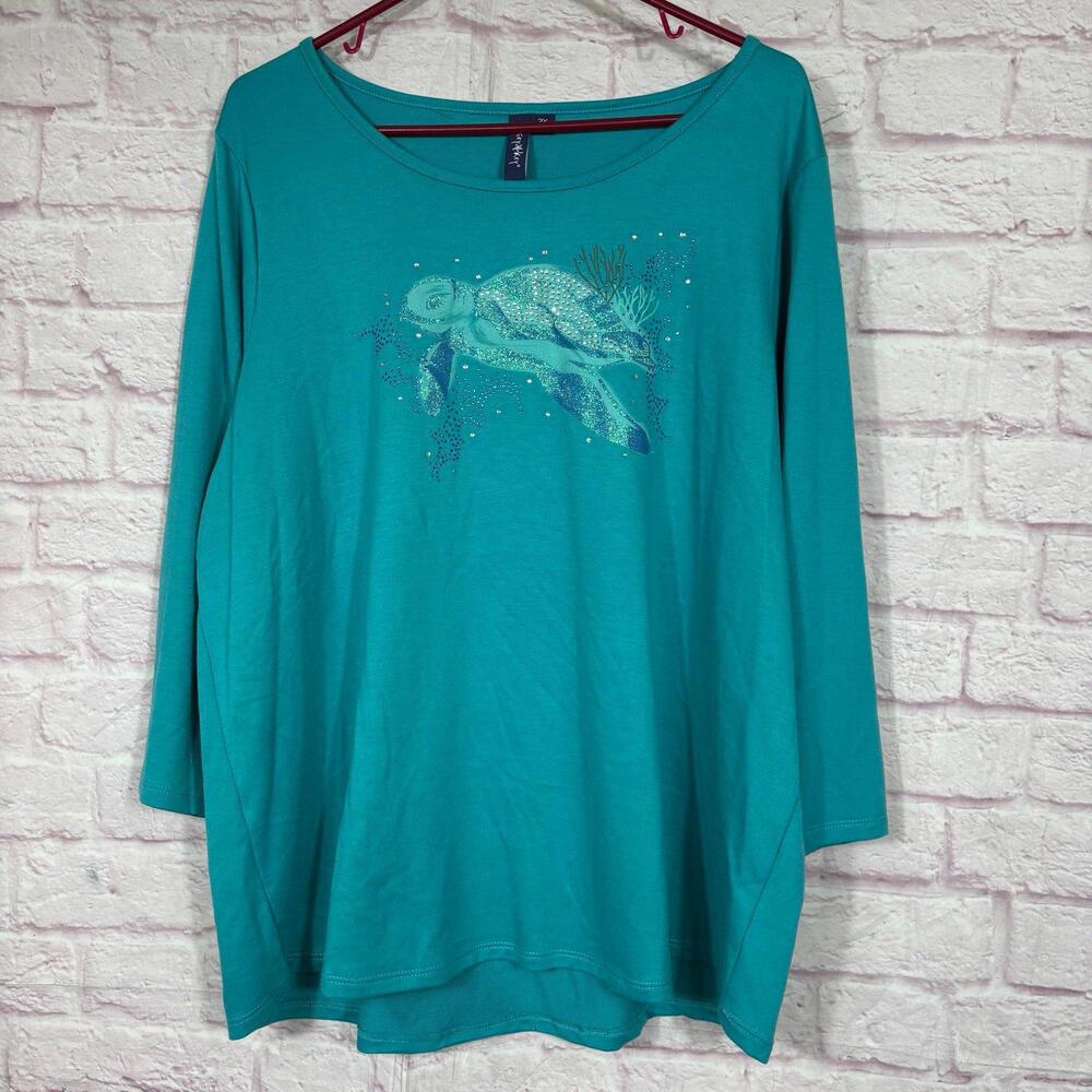 Casey Key Women's Turquoise Sea Turtle Graphic Long Sleeve Shirt 2X NWT
